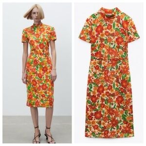 Zara 1960’s vintage style jacquard floral mock neck midi dress 26571